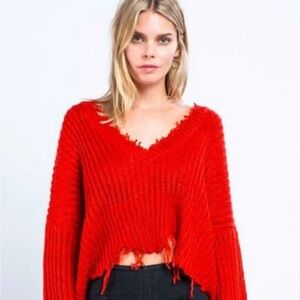 Miami red Carla distressed V-neck sweater